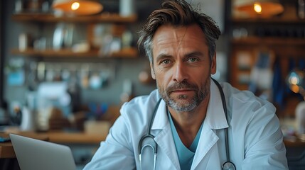 Realistic scene of a doctor in a white lab coat, consulting with a patient via video call, modern telemedicine setup, laptop on a sleek desk, medical tools and charts, bright overhead lights,