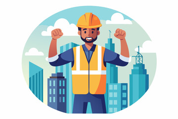  A man wearing a hard hat and safety vest, The image celebrates the success and struggles of the working life vector illustration 