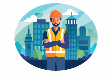  A man wearing a hard hat and safety vest, The image celebrates the success and struggles of the working life vector illustration 