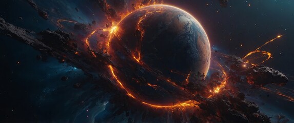 Obraz premium Delve into the depths of space and witness the mesmerizing beauty and chaos of a planet explosion, as fiery tendrils of energy dance across the void,.