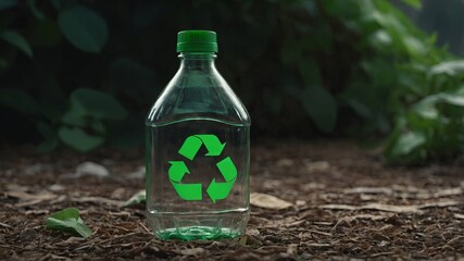 A single clear plastic bottle with a green recycling symbol prominently displayed, representing PET packaging ready for recycling as part of environmental waste management efforts.