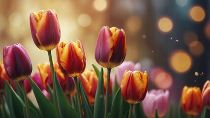 Fototapeta premium Beautiful tulip bouquet and bokeh background, Thanksgiving Mother's Day concept illustration.
