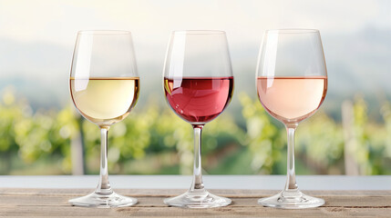 Wine Glasses on Wooden Table Overlooking Vineyard. Elegant Wine Tasting Experience