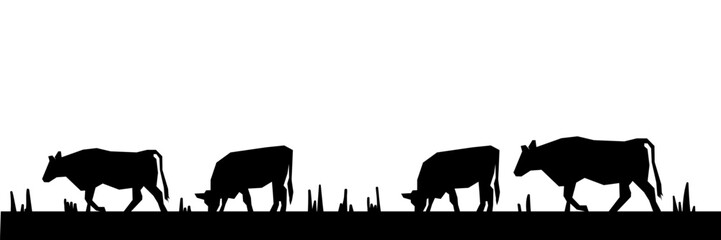 Cows grazing on a farmland, silhouette black and white background vector illustration