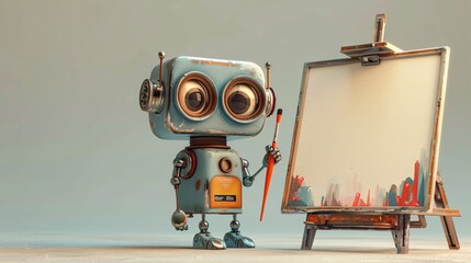 cute robot draws on canvas