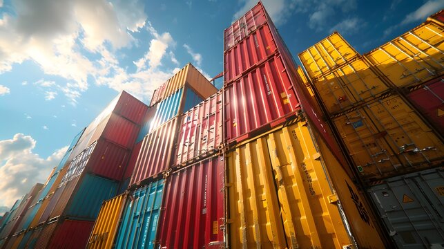 Stacked Shipping Containers Under a Bright Sky