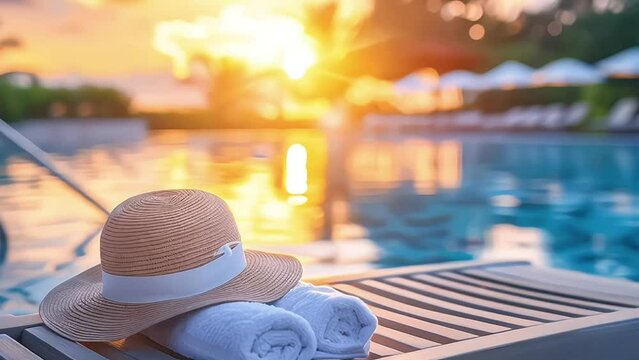 Sun hat and beach towel on lounge chair at a luxury hotel swimming pool. Island escape at upscale resort. Destination travel, luxury vacation, tropical paradise for solo traveler