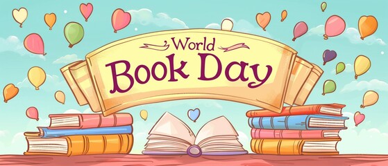 Illustrative banner for World Book Day with colorful balloons and stack of books on a table. Event promotion, children's literacy, reading campaigns, library programs, educational materials.