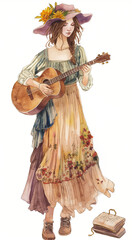 Fototapeta premium Bohemian Style Young Woman Playing Guitar Outdoors