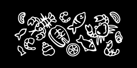 Banner with seafood, white on a black background