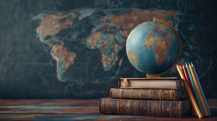 Back to School Theme. Globe, Books, Notebooks, and Colorful Stationery. Education and School Supplies. Blackboard Background for Learning. Stack of Books and Essentials on Wooden Table.





