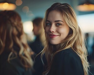 Fototapeta premium Confident Businesswoman Networking and Engaging in Conversation at Corporate Event