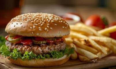 Hamburger with Meat, Cheese, and Vegetables, Served with Fries, Generative AI