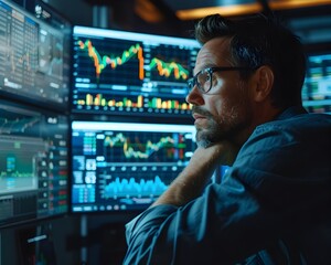Businessman Analyzing Market Trends on Digital Dashboard Showing Financial Analytics