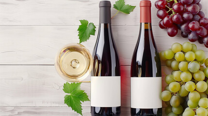 Quality Wine Selection. Red and White Wines with Fresh Grapes