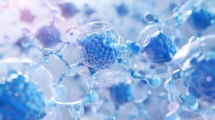 Cellular structures with blue molecules light background high detail scientific illustration