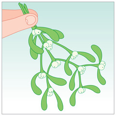 Two finger tips holding up a Festive Bouquet of Mistletoe at an angle on a cool background