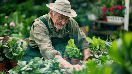 heartwarming photo of a senior man engaging in gardening, surrounded by lush green plants. The man should be dressed in comfortable gardening attire, such as a hat, gloves, and casual clothing,