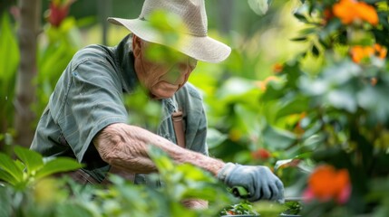 heartwarming photo of a senior man engaging in gardening, surrounded by lush green plants. The man should be dressed in comfortable gardening attire, such as a hat, gloves, and casual clothing,
