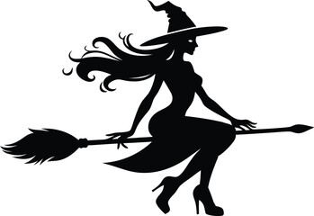 Halloween witch broomstick Vector illustration, Silhouette of a witch flying broomstick isolated on white background.
