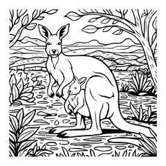mother and baby kangaroo coloring page , illustration , sketching , coloring book ,australian kangaroo , outline drawing ,
