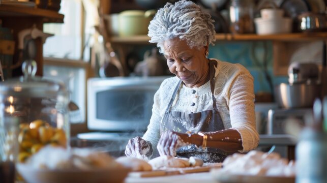 African american retired woman baking in her kitchen during the day