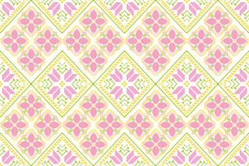 Floral Pixel Art Embroidery,Abstract Geometric, Pattern,Oriental Flora Damask Embroidery Wallpaper,Fabric, Clothing,Instant Download, Ikat, seamless pattern