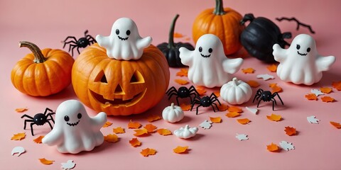 Fototapeta premium Happy Halloween concept Flat lay composition with cute ghosts, orange pumpkins, spiders, confetti on pink background Top view, copy space.