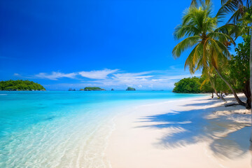 Obraz premium Tropical beach in Thailand, summer vacation. Island travel, blue skies. Sand and ocean views, lagoon bays. Paradise water, Krabi and Phuket. Green cliffs, Andaman rock formations. 