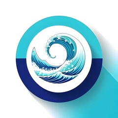 a circular vector logo featuring an ocean wave, sea, water, splash, rip curl, surf, Beach, Coastal, Tidal, Crest, Swell, Aqua, Marine, Flow, Fluid, Motion, Nautical, Blue, Curve, Foam, Breaker