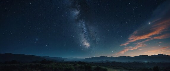 A tranquil image capturing the serene beauty of a starry night sky with soft nebulous clouds scattered among twinkling stars.