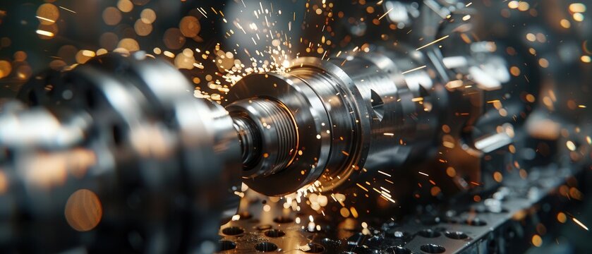 Detailed view of stainlesssteel CNC machining, super realistic, factory environment, metal fabrication, bright sparks, advanced equipment, precise and efficient manufacturing
