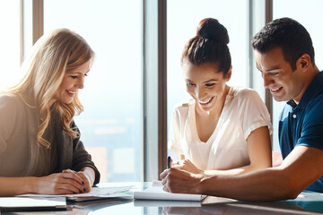 Obraz premium Couple, document and signature with investment planner for financial advice, compliance and agreement. Office, married people and consultant with paperwork for budgeting, saving and future goals