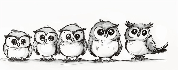 Fototapeta premium Whimsical Hand-Drawn Owl Characters in a Row Sketch