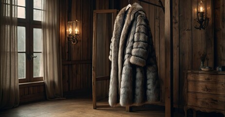 A luxurious fur coat drapes gracefully over a rustic wooden hanger.