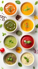 Set of various seasonal vegetable soups and organic ingredients on white background