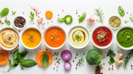 Set of various seasonal vegetable soups and organic ingredients on white background