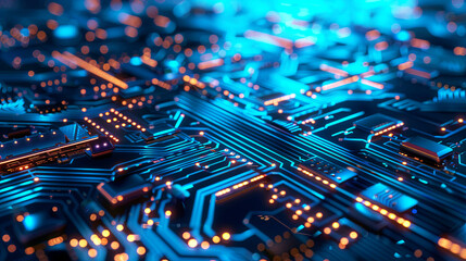 A radiant blue electronic circuit board adorned with intricate patterns and LED lights, creating a high-tech, futuristic ambiance. Perfect for tech event designs, posters, or backgrounds