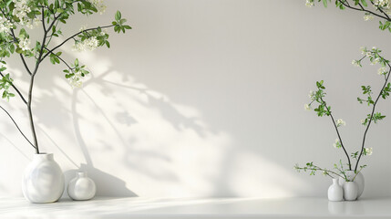 White wallpaper with tree branches and leaves in the corner, Ai Generation