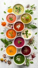 Set of various seasonal vegetable soups and organic ingredients on white background