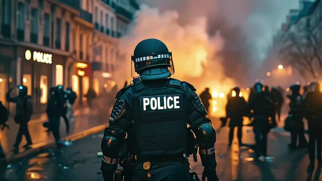 Helmeted police officers photographed from behind during a protest