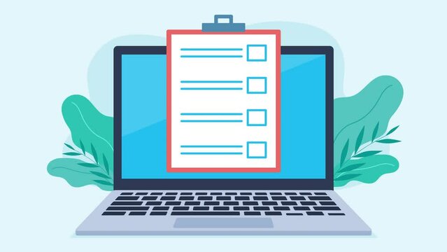 A notebook appears on the laptop screen. A checklist is drawn on the notebook. The checklist is then filled with positive responses. Animation in flat style.
