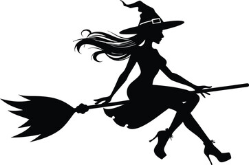 Halloween witch broomstick Vector illustration, Silhouette of a witch flying broomstick isolated on white background.
