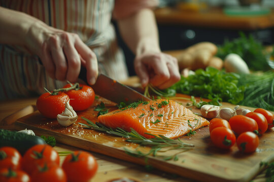 healthy diet concept, Cooking Process, An action shot of someone chopping fish for cooking. the freshness of the ingredients and the joy of cooking healthy meals