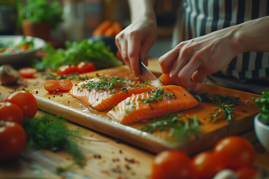 healthy diet concept, Cooking Process, An action shot of someone chopping fish for cooking. the freshness of the ingredients and the joy of cooking healthy meals