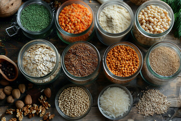 Fototapeta premium healthy diet concept, A collection of whole, unprocessed foods like whole grains (brown rice, oats), legumes (lentils, chickpeas), and nuts. Arrange them in bowls or mason jars on a rustic table