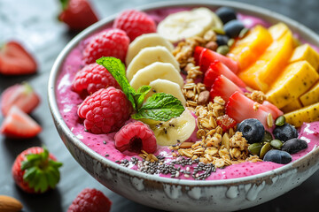 healthy diet concept, Healthy Breakfast, Smoothie Bowls, A vibrant smoothie bowl topped with fresh fruits, nuts, seeds, and granola. the bowl look appetizing and nutritious