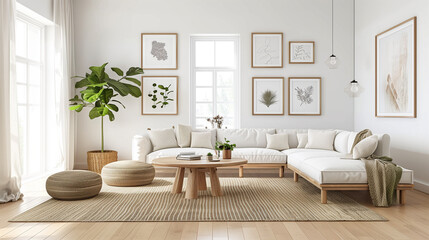 Fototapeta premium Sleek modern living room with a stylish gallery wall, minimalist decor, and a large window allowing natural light.