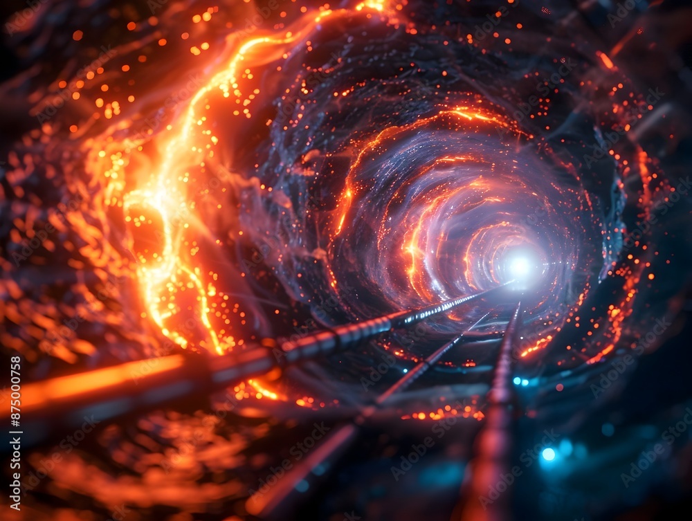 Poster swirling electric field surrounding high energy particle accelerator glowing with intense light and 