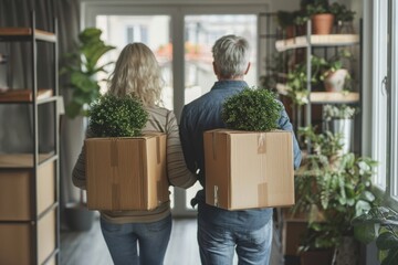 Mature couple moving into new apartment, carrying cardboard boxes into empty room with potted plants. Real estate property buying, relocation, new home concept. Rear view, Generative AI